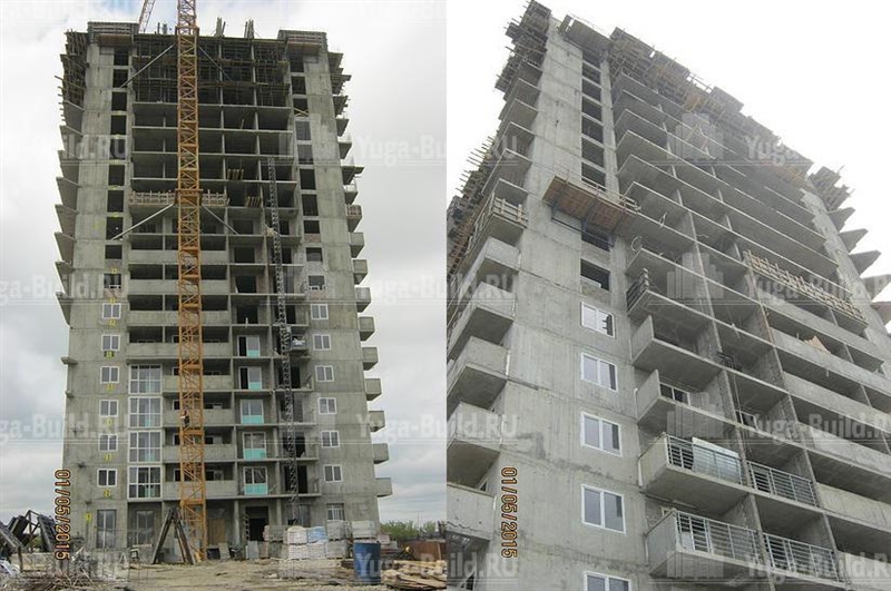 Апрель 2015 г. Бетонирование стен и монтаж плит-перекрытий 15-17 этажей.