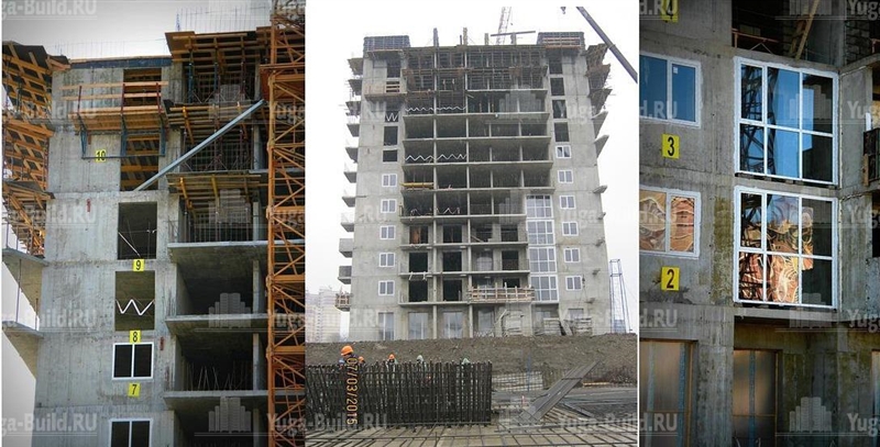 Март 2015 г. Бетонирование стен и монтаж плит-перекрытий 11-14-го этажей.